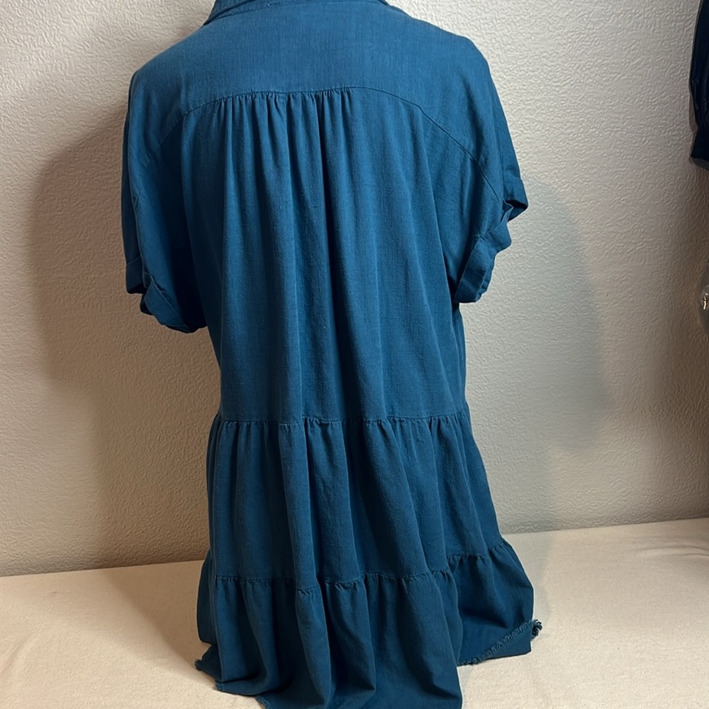 Umgee Teal Tiered Linen Blend Babydoll Dress - Size L - Picture 6 of 8